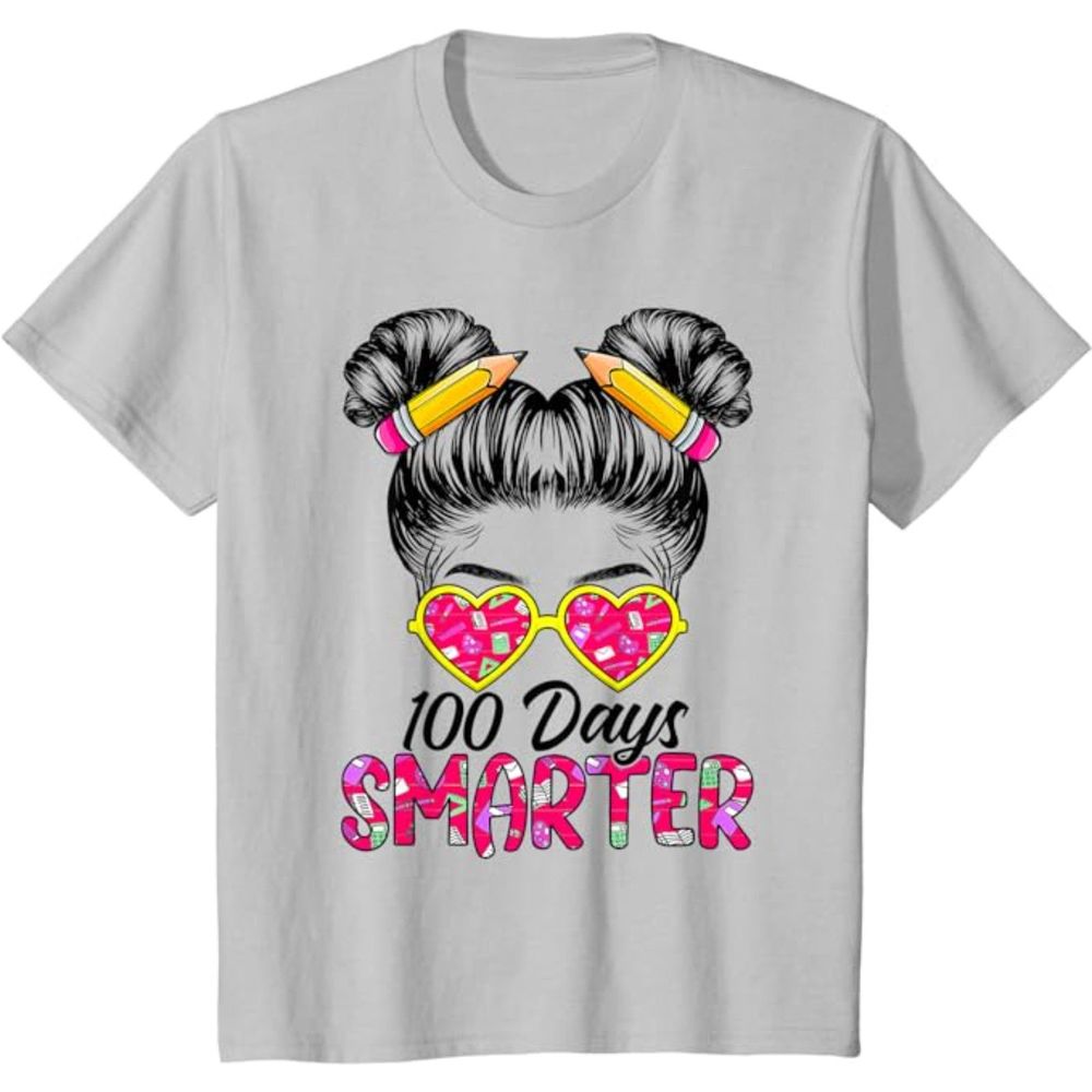 100 Days Smarter Girls Messy Bun Hair 100th Day Of School T-Shirt SZ M: NWOT